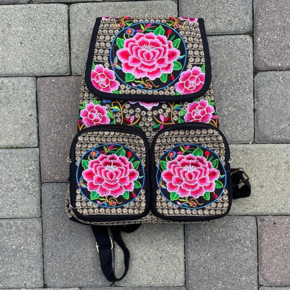 Black Backpack with Pink Colorful Floral Embroidery